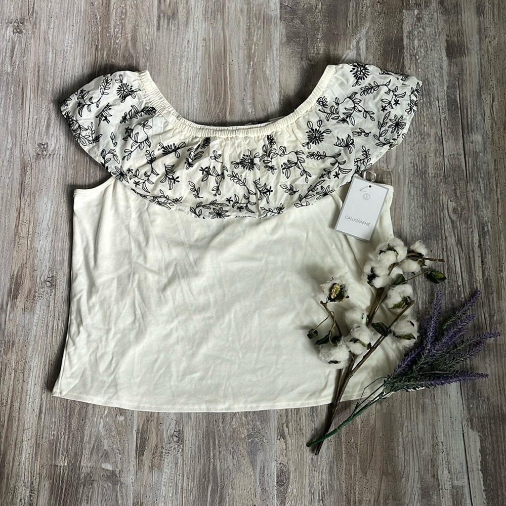 New Calligraphie Off Shoulder Embroidered Ivory and Black Top Size Large